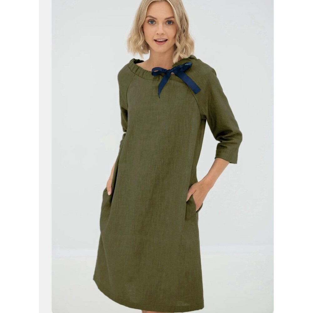 Le Muse Dress Linen Lagenlook Sustainable Minimalist European Olive Green, XL